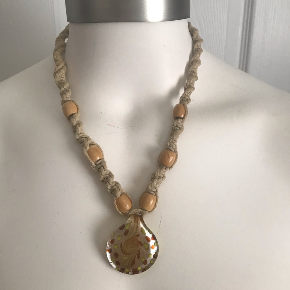 Handmade boho hemp necklace w wood beads and glass